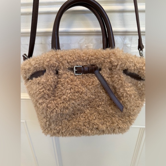 New Anthropologie Sherpa belted tote bag crossbody purse tan brown satchel - Picture 2 of 15